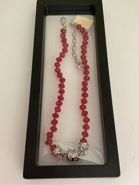 NWT Kirk Folly DIVINE Red Knotted Bead MAGNETIC Necklace 8mm rhodium Silvertone